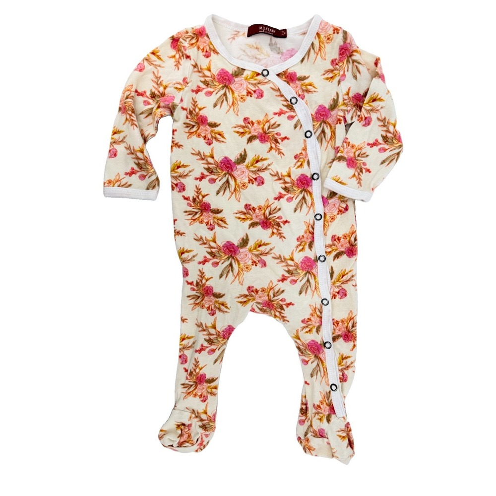 Milkbarn Pink/Cream/Green Floral Bamboo Knit Snap Front Footie-3-6 mos